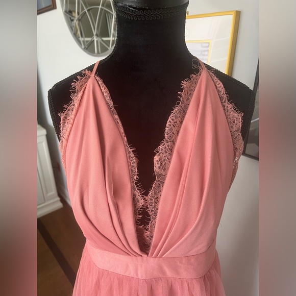 LUXXEL Elegant BARBIE pink V-neck Tulle Slit Maxi Dress Size Medium - Picture 12 of 14